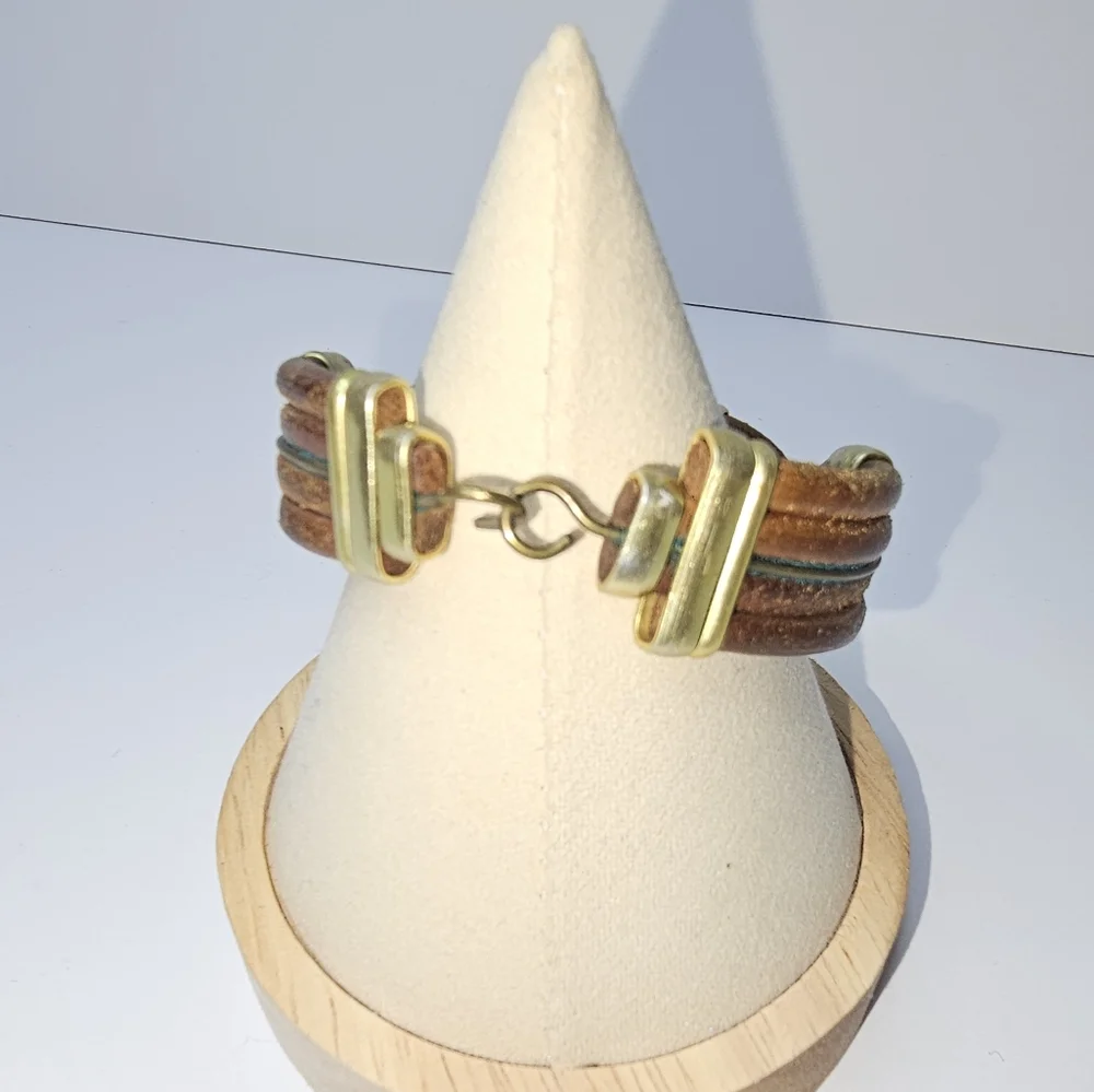 Boho Brown Leather Bracelet with Gold Hardware Accents